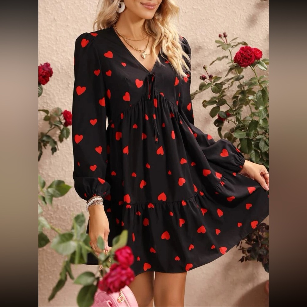 Valentines Heart Print Long Sleeve Dress